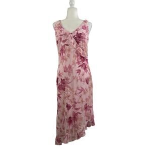 Vintage 90s Pink Floral Sfuzi Midi Slip Dress Size 9 Asymmetrical Hem Ruffle Y2K